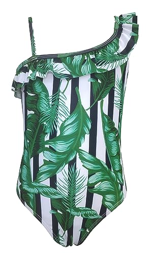 SHEKINI Mädchen Neckholder Badeanzüge Einteiliger Kinder Bademode Schräge Schulter Süß Flounced Spielerisch Druckmuster Triangel Bademode Strandmode(10-12 Jahre,Grün) von SHEKINI