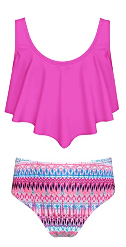 SHEKINI Mädchen Sport Zweiteiler Badeanzug Rüschen Breites Schultergurter Weste Tankini Set Bademode Gedruckt Badehose Sommer Bikini für 6-14 Jahre （6-8 Jahre,Fluoreszierendes Rosa von SHEKINI