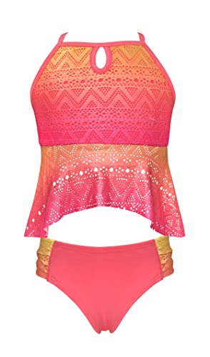 SHEKINI Mädchen Sport Zweiteiliger Badeanzug Cutout Verstellbarer Spaghettiträgern Verlaufsfarben Tankini Set Triangel Badehose Bikini Teenager für 6-14 Jahre (12-14 Jahre,Orange) von SHEKINI