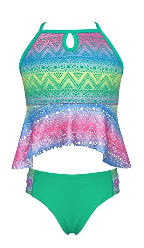 SHEKINI Mädchen Sport Zweiteiliger Badeanzug Cutout Verstellbarer Spaghettiträgern Verlaufsfarben Tankini Set Triangel Badehose Bikini Teenager für 6-14 Jahre (7 Jahre，Grün von SHEKINI