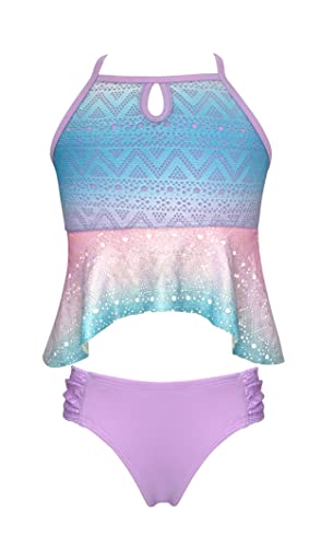 SHEKINI Mädchen Sport Zweiteiliger Badeanzug Cutout Verstellbarer Spaghettiträgern Verlaufsfarben Tankini Set Triangel Badehose Bikini Teenager für 6-14 Jahre (8-10 Jahre,Blau) von SHEKINI