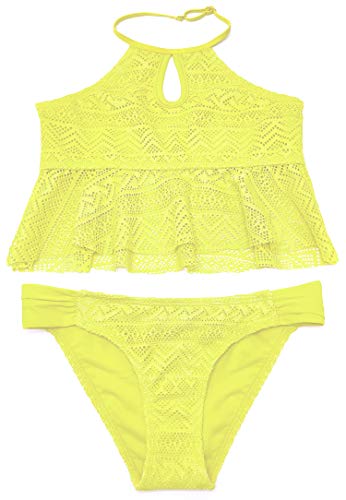 SHEKINI Mädchen Zweiteiler Bikini Badeanzug Rückenfrei Kinder Teenager Süß Bademode Cutout Mädchen Badebekleidung Schwimmanzug Tankini Set（10-12 Jahre, Gelb C） von SHEKINI