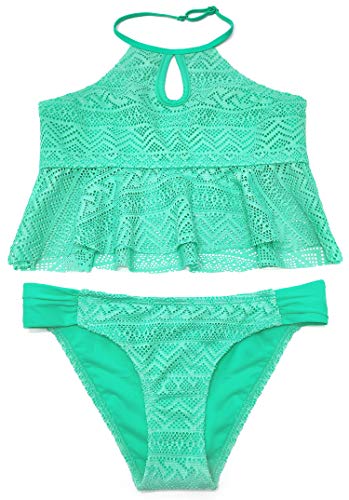 SHEKINI Mädchen Zweiteiler Bikini Badeanzug Rückenfrei Kinder Teenager Süß Bademode Cutout Mädchen Badebekleidung Schwimmanzug Tankini Set（10-12 Jahre, Grün C） von SHEKINI