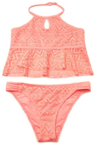 SHEKINI Mädchen Zweiteiler Bikini Badeanzug Rückenfrei Kinder Teenager Süß Bademode Cutout Mädchen Badebekleidung Schwimmanzug Tankini Set（6-8 Jahre, Hell Orange C） von SHEKINI