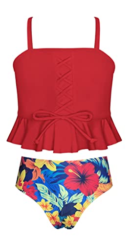 SHEKINI Mädchen Zweiteiliger Badeanzug Crossover Dekoration Rüschen Tankini Set Bandeau Verstellbar Schultergurter Bikini für 6-14 Jahre (6-8 Jahre,Rot) von SHEKINI