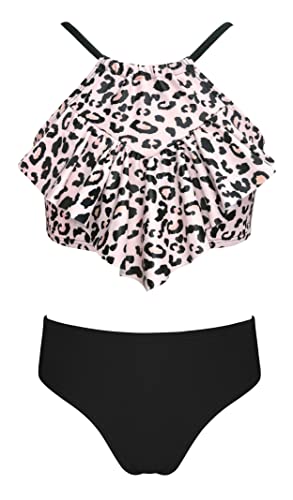 SHEKINI Mädchen Zweiteilige Badeanzüge Rüschen Bikinioberteil mit Triangel Bikinihose Tankini for 6-14 Jahre (6 Jahre,Schwarz) von SHEKINI