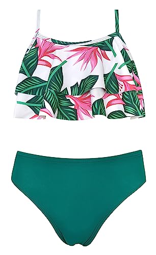 SHEKINI Mädchen Zweiteilige Badeanzüge Rüschen Bikinioberteil mit Triangel Bikinihose Niedlich Mädchen Tankini for 6-14 Jahre（8-10 Jahre, Mädchen - Dunkelgrün Y） von SHEKINI