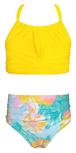 SHEKINI Mädchen Zweiteilige Badeanzug Halter Verstellbar Ruched Dekoration Bikini Set Hohe Taille Gedruckt Bikinihose Teenager Kinder Standmode für 6-14 Jahre(10-12 Jahre,Gelb) von SHEKINI