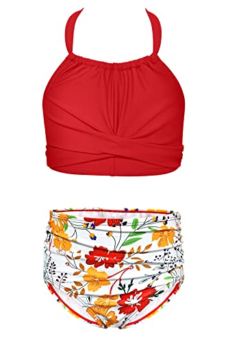 SHEKINI Mädchen Zweiteilige Badeanzug Halter Verstellbar Ruched Dekoration Bikini Set Hohe Taille Gedruckt Bikinihose Teenager Kinder Standmode für 6-14 Jahre(10-12 Jahre,Rot) von SHEKINI