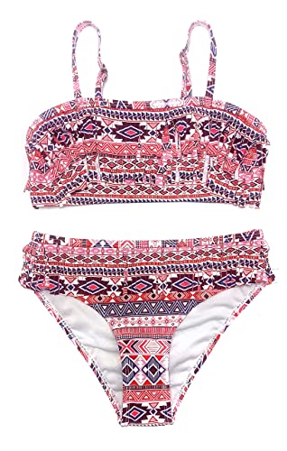 SHEKINI Mädchen Zweiteilige Badebekleidung Chic Quasten Dekoration Bandeau Bikini Oberteil Bikini Set Triangel Bikinihose Badeanzug Sommer für 6-14 Jahre(6-8 Jahre,Rot) von SHEKINI