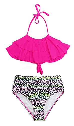 SHEKINI Mädchen Zweiteilige Badeanzüge Rüschen Bikinioberteil mit Triangel Bedruckte Bikinihose Mädchen Tankini for 6-14 Jahre（12-14 Jahre, Mädchen-Fluoreszierendes Rosa） von SHEKINI