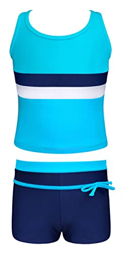 SHEKINI Mädchen Zweiteiliger Badeanzug Sport Racerback Tankini Oberteil mit Separate Boxershorts Badehose Teenager Bademode für 6-14 Jahre(Himmelblau,8-10 Jahre) von SHEKINI