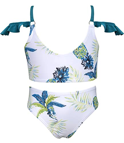 SHEKINI Mädchen Zweiteiliger Badeanzug Tankini Set Rüschen Gedruckt Bademode Weste Verstellbar Schultergurter Kinder Badehose Bikini für 6-14 Jahre （10-12 Jahre,Dunkelgrün von SHEKINI