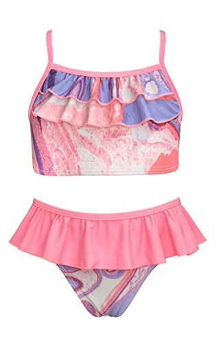 SHEKINI Mädchen Zweiteiliger Badeanzug Tankini Set Rüschen Gedruckt Verstellbar Bademode Triangel Badehose Kinder Bikini für 6-14 Jahre (10-12 Jahre,Rosa) von SHEKINI