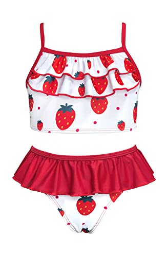 SHEKINI Mädchen Zweiteiliger Badeanzug Tankini Set Rüschen Gedruckt Verstellbar Bademode Triangel Badehose Kinder Bikini für 6-14 Jahre (10-12 Jahre,Rot) von SHEKINI