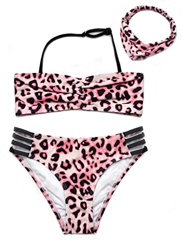 SHEKINI Mädchen Zweiteiliger Badeanzuge Bikini Set und Haarbänder Verstellbar Bandeau Gedruckt Bademode Triangel Cutout Badehose für 6-14 Jahre(12-14 Jahre,Rosa) von SHEKINI