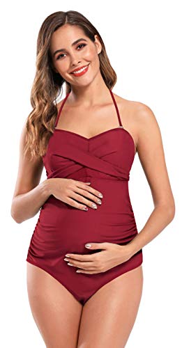 SHEKINI Maternity Einteiliger Badeanzug Damen Rüschen Bandeau Ruched Verstellbarer Bikini Grosse Grössen Umstandsbadeanzug Einteiliger Bikini Schwangerschaft(XXXL,Weinrot) von SHEKINI