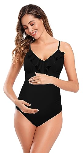 SHEKINI Maternity Einteiliger Badeanzug Damen Rüschen Bandeau Ruched Verstellbarer Bikini Grosse Grössen Umstandsbadeanzug Einteiliger Bikini Schwangerschaft(M,Schwarz) von SHEKINI