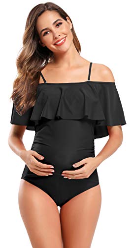 SHEKINI Maternity Einteiliger Badeanzug Damen Rüschen Bandeau Ruched Verstellbarer Bikini Grosse Grössen Umstandsbadeanzug Einteiliger Bikini Schwangerschaft(Medium, Schwarz) von SHEKINI