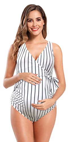 SHEKINI Maternity Einteiliger Badeanzug Damen V-Ausschnitt Verstellbarer Schultergurt Ties-up Ruched Einteiliger Bikini Grosse Grössen Rückenfrei Umstandsbadeanzug （2XL,Streifen von SHEKINI