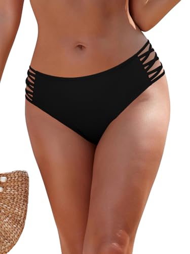 SHEKINI Mid Waist Damen Strappy Cutout Badeshorts Badeanzug Schwarz Bikinihose Full Coverage Badehose Bikini Slip（XL,Schwarz von SHEKINI