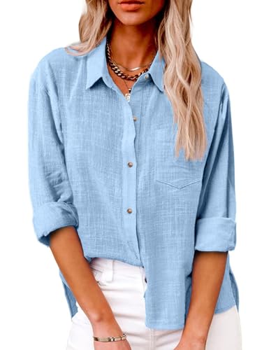 SHEKINI Bluse Damen Elegant Langarm Lässiges Hemd V-Ausschnitt mit Knöpfen Blusen Oberteil Tops Leinenbluse mit Tasche Lockere Passform von SHEKINI