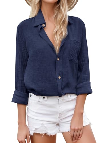 SHEKINI Bluse Damen Elegant Langarm Lässiges Hemd V-Ausschnitt mit Knöpfen Blusen Oberteil Tops Leinenbluse mit Tasche Lockere Passform von SHEKINI