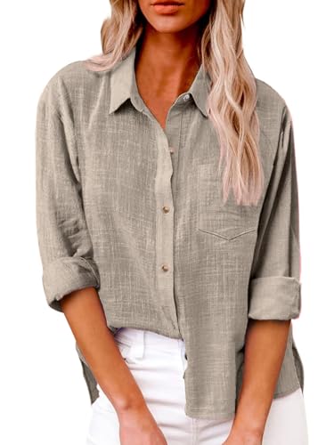 SHEKINI Bluse Damen Elegant Langarm Lässiges Hemd V-Ausschnitt mit Knöpfen Blusen Oberteil Tops Leinenbluse mit Tasche Lockere Passform von SHEKINI