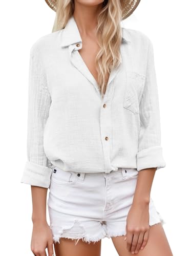 SHEKINI Bluse Damen Elegant Langarm Lässiges Hemd V-Ausschnitt mit Knöpfen Blusen Oberteil Tops Leinenbluse mit Tasche Lockere Passform SHEKINI Bluse Damen Elegant Langarm Lässiges Hemd V-Ausschnitt mit Knöpfen Blusen Oberteil Tops Leinenbluse mit Tasche Lockere Passform von SHEKINI