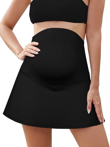 SHEKINI Mutterschaft Geraffte Röcke hohe Taille Sportrock über den Bauch Röcke innere Shorts（Schwarz, Medium） von SHEKINI