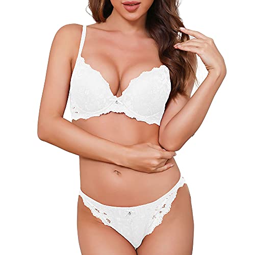 SHEKINI Push Up BH Set,Damen Bügel BH Set Spitze BH und Slip Nicht Abnehmbarer Bra Panty Lingerie Unterwäsche, Weiß, 34/75C von SHEKINI