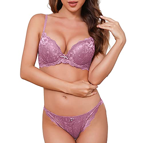 SHEKINI Push Up BH Set,Damen Bügel BH Set Spitze BH und Slip Nicht Abnehmbarer Bra Panty Lingerie Unterwäsche mit Hakenverschluss und Verstellbare Träger von SHEKINI