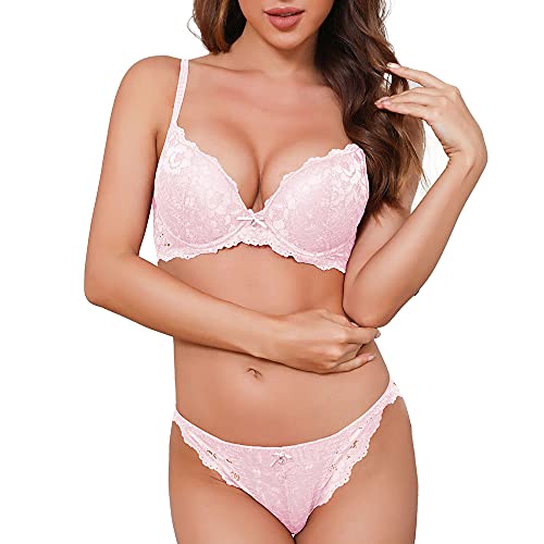 SHEKINI Push Up BH Set,Damen Bügel BH Set Spitze BH und Slip Nicht Abnehmbarer Bra Panty Lingerie Unterwäsche mit Hakenverschluss und Verstellbare Träger, Rosa, Gr. 34/75C (M) von SHEKINI