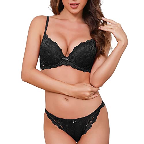 SHEKINI Push Up BH Set,Damen Bügel BH Set Spitze BH und Slip Nicht Abnehmbarer Bra Panty Lingerie Unterwäsche mit Hakenverschluss und Verstellbare Träger, Schwarz, Gr.L (36/80C) von SHEKINI