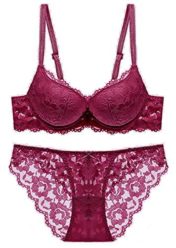 SHEKINI Push Up BH Set,Damen Bügel BH Set Spitze BH und Slip Nicht Abnehmbarer Bra Panty Lingerie Unterwäsche mit Hakenverschluss und Verstellbare Träger von SHEKINI