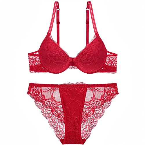 SHEKINI Push Up BH Set,Damen Bügel BH Set Spitze BH und Slip Nicht Abnehmbarer Bra Panty Lingerie Unterwäsche mit Hakenverschluss und Verstellbare Träger von SHEKINI