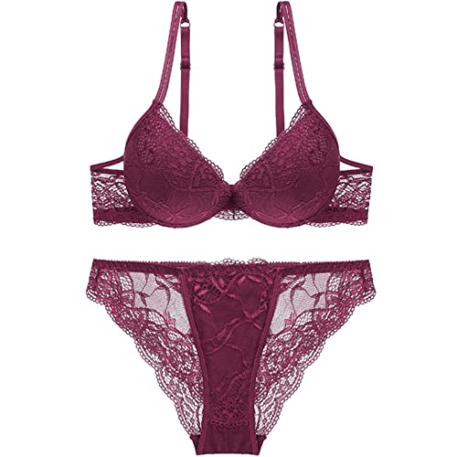 SHEKINI Push Up BH Set,Damen Bügel BH Set Spitze BH und Slip Nicht Abnehmbarer Bra Panty Lingerie Unterwäsche mit Hakenverschluss und Verstellbare Träger von SHEKINI