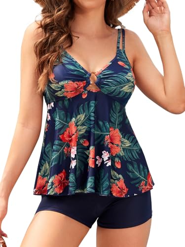 SHEKINI Push up Damen Tankini Set Bauchweg Elegant Tankini Oberteil mit High Waist Badeshorts Zweiteiler Badeanzug Beachwear Bademode（S,Dunkelblau Y） von SHEKINI