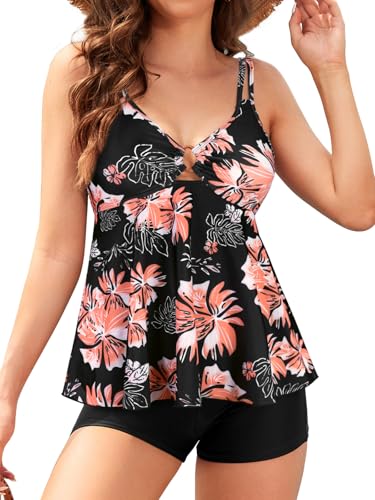 SHEKINI Push up Damen Tankini Set Bauchweg Elegant Tankini Oberteil mit High Waist Badeshorts Zweiteiler Badeanzug Beachwear Bademode（S,Schwarz Y） von SHEKINI