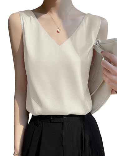 SHEKINI Satin Tank Top Damen Unterhemden Ärmellose Cami Camisole Blusentop Basic Tops Sommer Lässige Weste V-Ausschnitt Oberteile Blusen Shirt Dessous von SHEKINI