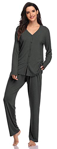 SHEKINI Damen Zweiteiliger Schlafanzug mit Knopfleiste Sleepwear Set Nachtwäsche PJ Set mit Langarm Shirt von SHEKINI