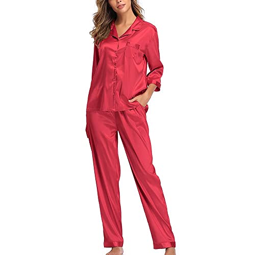 SHEKINI Damen Klassische Zweiteiliger Schlafanzug mit Hose mit Gummibund am Einfarbige Nachthemd Satin Nachtwäsche Knöpfen Pyjama Sleepwear(Stil 3 Pyjamas Set-Weinrot,M) von SHEKINI