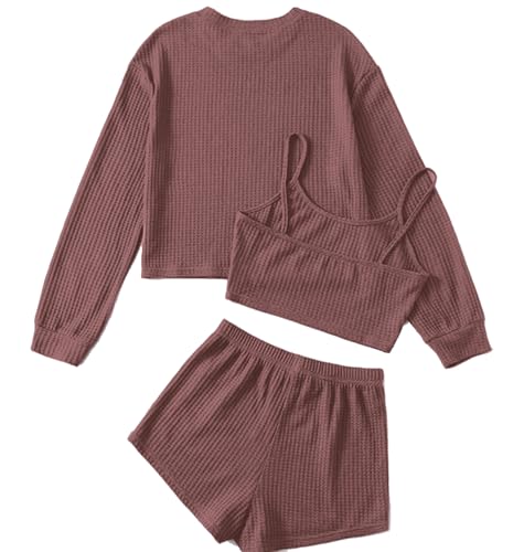 SHEKINI Schlafanzug Damen kurz 3-teilige Set Loungewear Pyjama Sets Rundhalsausschnitt mit Langarmshirt Camitop und Short Hausanzug Trainingsanzug Tracksuit Set von SHEKINI