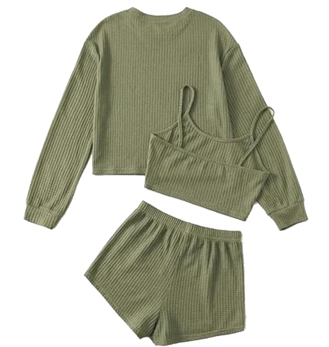 SHEKINI Schlafanzug Damen kurz 3-teilige Set Loungewear Pyjama Sets Rundhalsausschnitt mit Langarmshirt Camitop und Short Hausanzug Trainingsanzug Tracksuit Set von SHEKINI