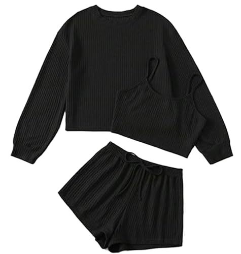 SHEKINI Schlafanzug Damen kurz 3-teilige Set Loungewear Pyjama Sets Rundhalsausschnitt mit Langarmshirt Camitop und Short Hausanzug Trainingsanzug Tracksuit Set von SHEKINI