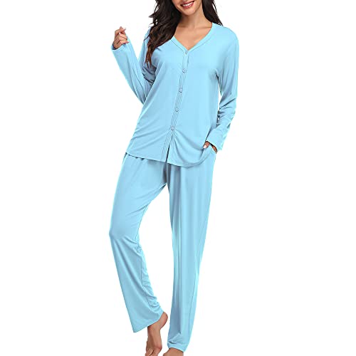 SHEKINI Damen Zweiteiliger Schlafanzug mit Knopfleiste Sleepwear Set Nachtwäsche PJ Set mit Langarm Shirt von SHEKINI
