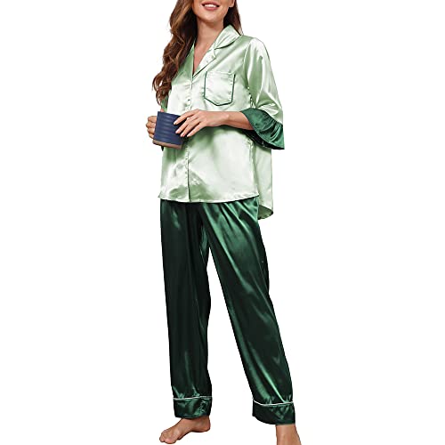 SHEKINI Schlafanzug Satin Damen, Rüschenmanschetten Knöpfen Pyjama mit Hose mit Gummibund Nachthemd Nachtwäsche Sleepwear 2 Teiliges Klassisch Pyjama Set von SHEKINI