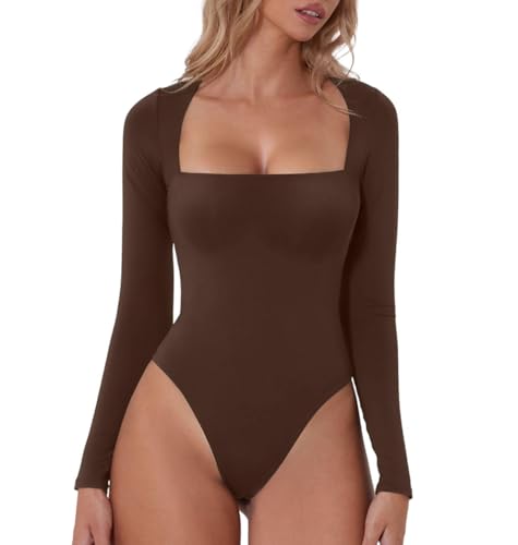 SHEKINI Shapewear Damen Bauchweg Langarm Bodysuit mit Eckiger Ausschnitt Formende Shaping Bodys Tanga Hoher Schnitt Langärmeliges Jumpsuits Einteiliger T-Shirt Oberteil von SHEKINI