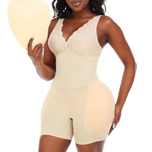 SHEKINI Shapewear Damen Body Shaper Bodysuit Nahtlos V-Ausschnitt Formende Bodys Bauchweg Ganzkörper Ärmellos Shaping Effektive Tank Top Figurformender Taillenmieder Miederbody Hüfte Pads von SHEKINI