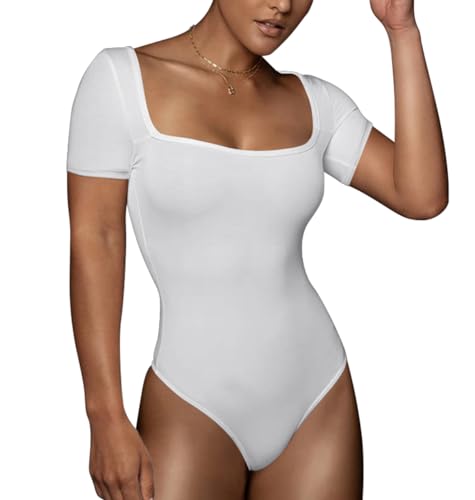 SHEKINI Shapewear Damen Kurze Ärmel Bauchweg Formender Shaping Tanga Bodysuit quadratischem Ausschnitt T-Shirt Body Shaper von SHEKINI